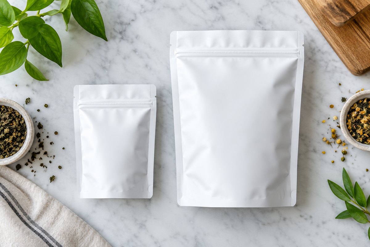 Dua pek plastik tanpa label, kecil dan besar, dari atas