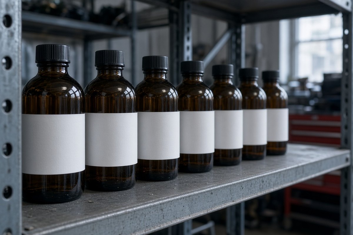 Botol ambar tanpa label pada rak tinggi, bukan rak kanak-kanak