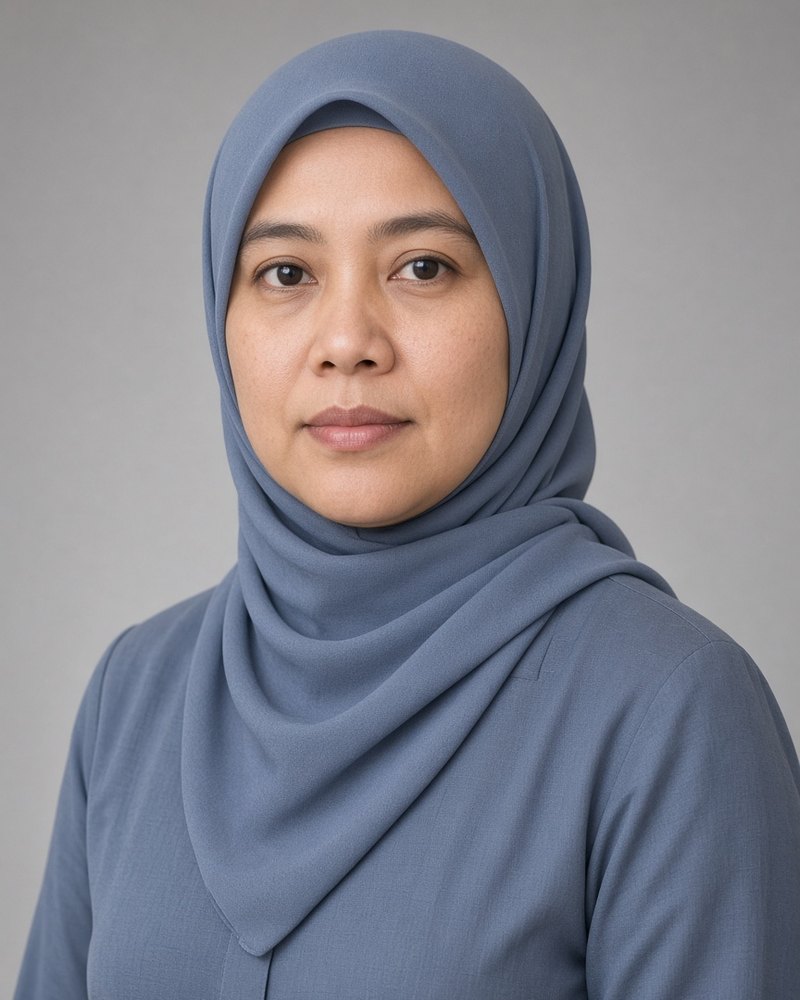 Noraini Zakaria, wanita Melayu Kedah kira-kira tiga puluh lima tahun, kemeja biru keluli polos